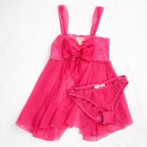 Victoria's Secret Babydoll Set Pink Medium Gold Label Lace Bow Vintage Lingerie